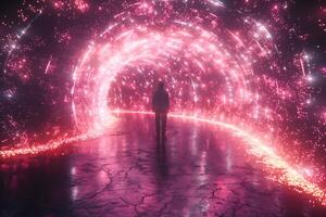 Man Walking Through Neon Light Tunnel in Futuristic Virtual Reality Dreamscape Concept - Sci-Fi Visuals for Digital Art and Design Projects photo