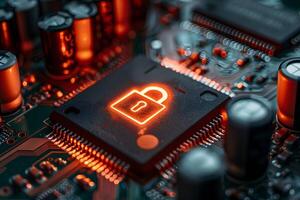 Cybersecurity Concept Secure Hardware Chip on Circuit Board for Data Protection and Encryption Technology photo