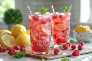 Refreshing Summer Raspberry Lemonade with Mint Garnish in Crystal Glasses for a Vibrant Kitchen Setting photo