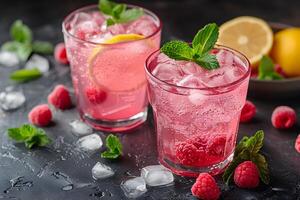 Refreshing Summer Raspberry Lemonade Drinks with Ice and Mint Leaves - Perfect for Spring and Summer Celebrations photo