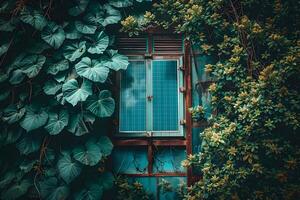 Vintage Window Covered in Lush Green Foliage and Vines for Nature-Themed Wall Art or Background photo