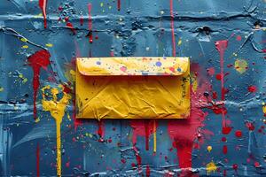 Vibrant Abstract Art with Yellow Envelope on Blue Background - Colorful Splashes and Drips for Creative Design photo