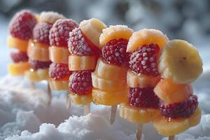 Frozen Fruit Skewers in Winter Snow Frosty Treats with Bananas, Raspberries, and Peaches photo