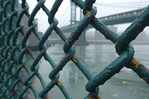 Urban Bridge View Through Chain-Link Fence on a Foggy Day - Concept of Isolation and Industrial Feel photo