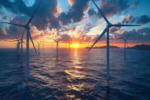 Offshore Wind Farm at Sunset - Renewable Energy Concept and Sustainable Power Source for Design Print Poster photo