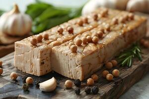 Gourmet Marinated Tofu Block Garnished with Peppercorns and Herbs - Ideal for Vegan Recipes, Food Blog, Culinary Art photo