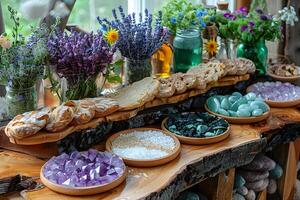 Rustic Bakery and Crystal Display with Fresh Flowers Ideal for Kitchen Decor, Print, or Poster Design photo