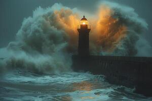 Stormy Lighthouse Scene with Huge Waves Crashing and Illuminated Beacon - Stock Photo for Dramatic Nautical Themes