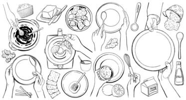 Outline of chef hands isolated on white background. Female hands holding kitchen utensils. Plate, spatula, blender, spoon, fork, flour, salt, butter, cookies, and other products for menu vector