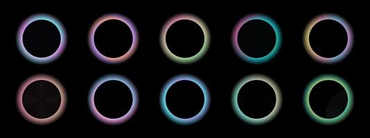 Set of gradient with blur frames on black background. Abstract three-dimensional space colored background. Collection of glowing neon color with aura round frames for websites, user interfaces. illustration. vector