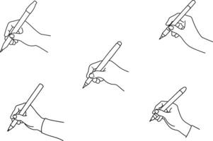 Line drawing of hand holding pen, isolated on white background vector