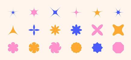 Set of abstract shapes - star, flowers, sparks. Trendy Y2K Retro Badges. Smooth and angular geometric figures. Sticker Label. Design elements isolated. Patch. Yellow, pink, blue. illustration vector