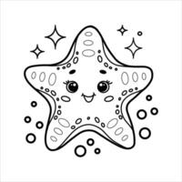Cute cartoon starfish with bubbles. Black and white outline Illustration. Children's coloring book vector