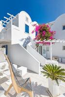 Santorini, Greece landscape, poolside caldera view with flowers blue doors. Romantic couple destination with sunny sky, wonderful summer hotel photo