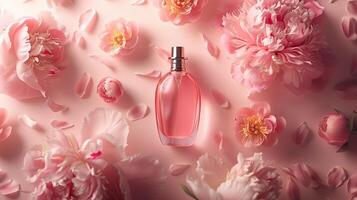 Product photography of a perfume and flowers, on a minimalist pastel background photo