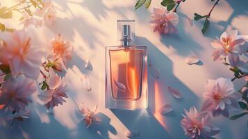 Product photography of a perfume and flowers, on a minimalist pastel background photo