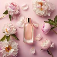Product photography of a perfume and flowers, on a minimalist pastel background photo