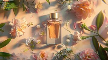 Product photography of a perfume and flowers, on a minimalist pastel background photo