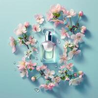 Product photography of a perfume and flowers, on a minimalist pastel background photo
