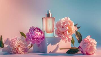 Product photography of a perfume and flowers, on a minimalist pastel background photo