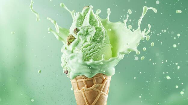 Ice cream cone with pistachio and whipped cream splash, empty pastel background photo