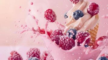 Ice cream cone with berries and fruits and whipped cream splash, empty pastel background photo