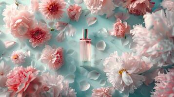 Product photography of a perfume and flowers, on a minimalist pastel background photo