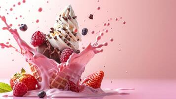 Ice cream cone with berries and fruits and whipped cream splash, empty pastel background photo