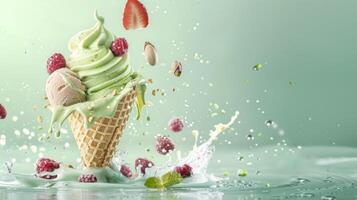 Ice cream cone with kiwi and whipped cream splash, empty pastel background photo