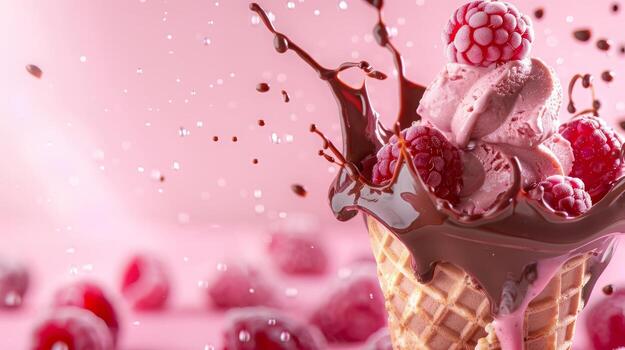 Ice cream cone with berries and fruits and whipped cream splash, empty pastel background photo