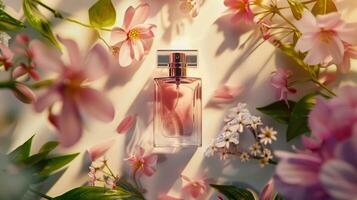 Product photography of a perfume and flowers, on a minimalist pastel background photo