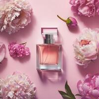 Product photography of a perfume and flowers, on a minimalist pastel background photo