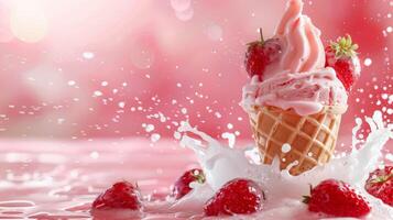Ice cream cone with berries and fruits and whipped cream splash, empty pastel background photo