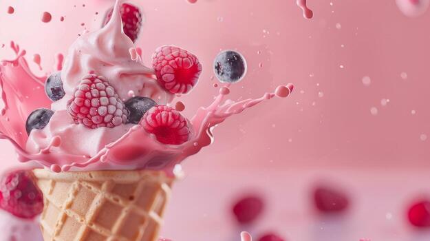 Ice cream cone with berries and fruits and whipped cream splash, empty pastel background photo