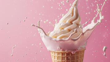 Ice cream cone with berries and fruits and whipped cream splash, empty pastel background photo