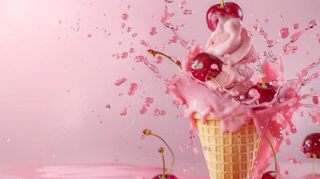 Ice cream cone with berries and fruits and whipped cream splash, empty pastel background photo