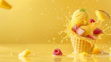 Ice cream cone with mango and whipped cream splash, empty pastel background photo