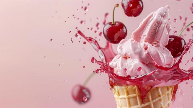 Ice cream cone with berries and fruits and whipped cream splash, empty pastel background photo