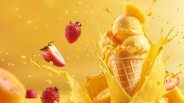 Ice cream cone with mango and whipped cream splash, empty pastel background photo