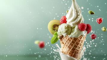 Ice cream cone with kiwi and whipped cream splash, empty pastel background photo