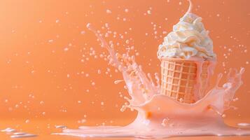 Ice cream cone with berries and fruits and whipped cream splash, empty pastel background photo