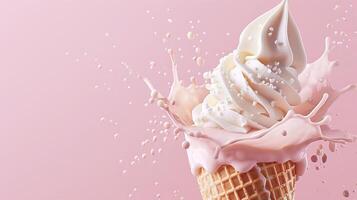 Ice cream cone with berries and fruits and whipped cream splash, empty pastel background photo