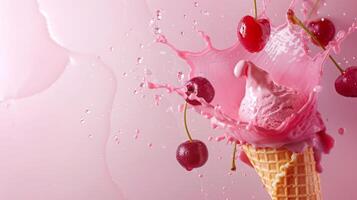 Ice cream cone with berries and fruits and whipped cream splash, empty pastel background photo