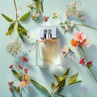 Product photography of a perfume and flowers, on a minimalist pastel background photo