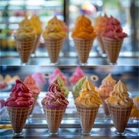 Cones ice creams with fruits, summer dessert background photo