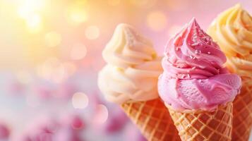 Cones ice creams with fruits, summer dessert background photo