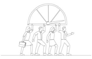 Continuous one line drawing of business people carrying performance gauge with pointer to maximum value, maximizing efficiency of business team concept, single line art. vector