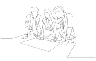 Continuous one line drawing of business people discussing work at table, discussion about work in office concept, single line art. vector