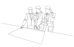 Continuous one line drawing of business people planning project at table, project discussion in office concept, single line art. vector