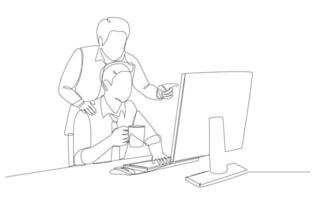 Continuous one line drawing of business manager pointing to computer screen to help employee edit report, mentorship at work concept, single line art. vector